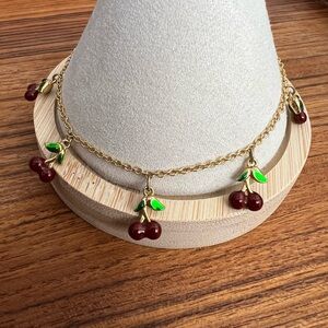 VINTAGE JOAN RIVERS RED CHERRIES CHERRY Charm Anklet Bracelet Adjustable 10”